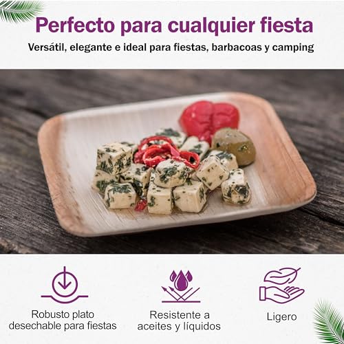 Miniatura 3 de Waipur 50 Platos Desechables De Hoja De Palma Orgánicos - Cuadrado Pequeño, 15x15 Cm - Vajilla Ecológica - Estable, Natural Y Biodegradable - Elegantes Para Fiestas - Similar Al Bambu
