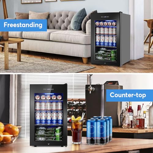 Image of Beverage Refrigerator 17 inch Wide - 126 Can Beverage Cooler with Glass Door | Counter-Top /Freestanding Mini Beverage Beer Fridge | Temperature Memory | Invisible Door | Perfect for Soda, Beer