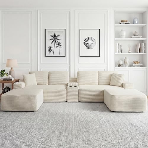 Image of 125 Inch Modular Sectional Sofa, Modern Oversized Corduroy Cloud Couch with 2 Ottomans, Cup Holders and USB Ports, U Shape Couch Boneless Couches for Living Room, No Assembly Required, Beige
