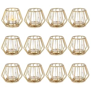 Geometric Tea Light Candle Holders – Wedding Centerpiece for Tables Morden Metal Votive Tealight Candles Stand with Glasses Coffee Home Room Decor Wedding Party Birthday Decoration, Gold 12 pcs