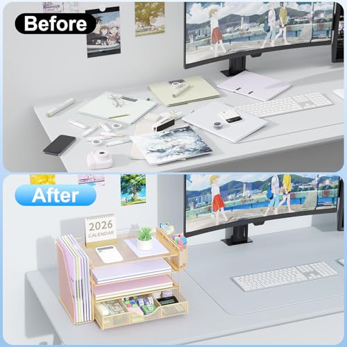 Image of gianotter Desk Organizers and Accessories with File Holder, 4-Tier Desk Accessories & Workspace Organizers with Drawer and 2 Pen Holder, Paper Organizer for Office Supplies(Gold)