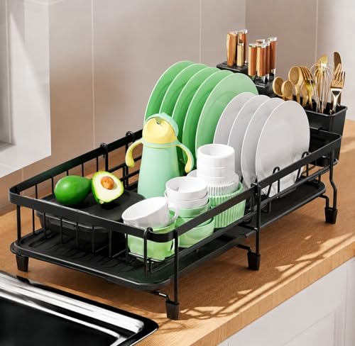 Image of HomeCloud Stainless Steel Dish Drying Rack for Kitchen Counter with Feet, 38 x 28 x 15 cm, Anti-Rust Dish Drainer with Smart Drainage Tray & Cutlery Holder (Black)