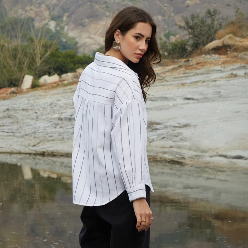 Image of PINACOLADA Women's Solid Oversized Shirt for Casual Wear | Spread Collar | Long Sleeve | Button Closure | Oversized Shirt Crafted with Comfort Fit for Everyday Wear