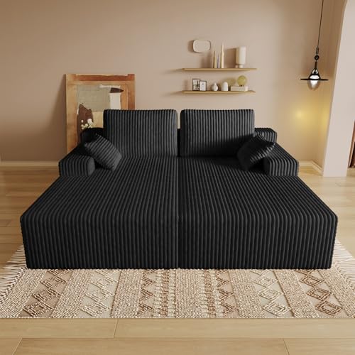 Oversized 80" Double Chaise Lounge Chair Futon Sofa Bed Boneless Cloud Couch Sleeper Sofa, Flannel Upholstered Floor Sofa Modular Sectional Loveseat with 2 Throw Pillow & Backrest Pillow, Black