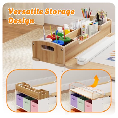 Image of IKALIFE Kids Art Table and Chair - Toddler Craft Table and Chairs Set with 2 Chair & Bins, Kids Activity Desk with Paper Roll for Playrooms & Classroom, 44 inch L x 24 inch W, Natural