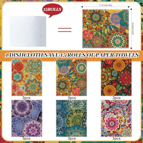 Image of Redbaker 18 Pcs Reusable Paper Towels Rolls Towels Bulk Kitchen Washable Paperless Cloth Cotton Hand Napkins with Cardboard Reusable Napkins for Kitchen Bathroom (Boho Floral Style)