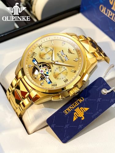 Image of OLEVS Self Winding Watches for Men Automatic Mechanical Skeleton Luxury Dress Waterproof Moon Phase Tourbillon Chronograph Stainless Steel Luminous Wristwatch