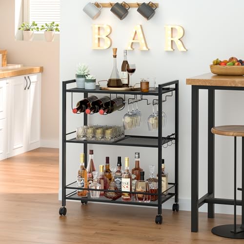 Image of Joaxswe Bar Cart,3-Tier Home Bar Serving Cart with Lockable Wheels,Black