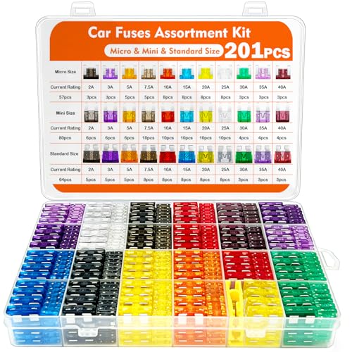 Bst4U 201Pcs Car Fuses Assorted Kit 3 Types Automotive Fuse Set - 80 Mini+64 Standard+57 Micro 2A-40A Zinc-made Car Blade Fuse 32V DC Auto Fuses for 12V 24V System for Auto Motor RV SUV Truck Boat