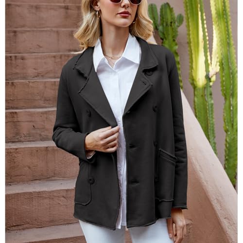 Ainangua Classic Trench Coats for Women Double Breasted Belfast Fleece Peacoat Jackets Essentials Fall Winter Coat(Black,XS)3