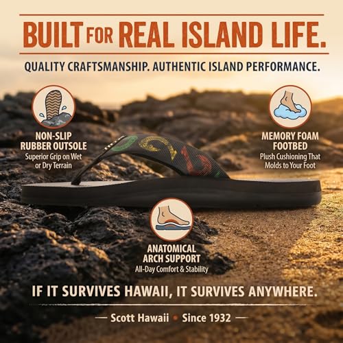 Image of Scott Hawaii Kaikane Men's Slipper | Hawaii Inspired Designs | Neoprene Lined Nylon Strap | Arch Support | Podiatrist Recommended Sandal