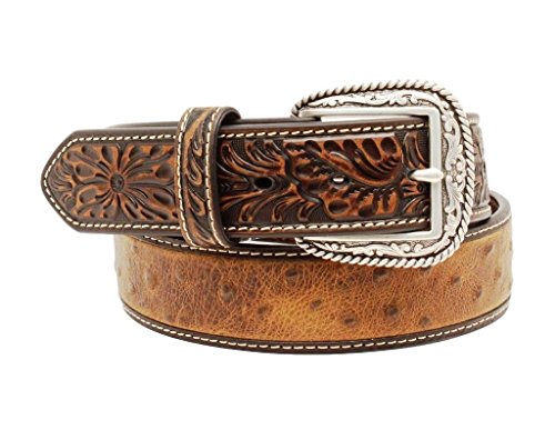 ARIAT Men's Faux Ostrich Center Tooled Tab Leather Belt, Brown, 30