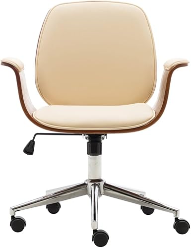 Miniatura 4 de vidaXL Silla de oficina de piel artificial color crema con marco de madera doblada y altura ajustable, asiento cómodo para el lugar de trabajo u