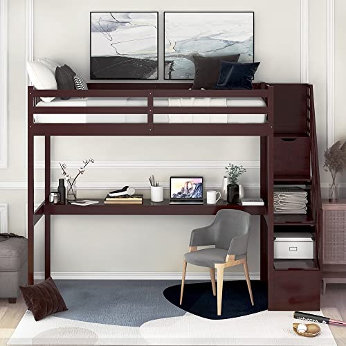 Aleyha Twin Size Loft Bed,Bed Material:pine Wood+Mdf,Overall Product Dimension:92.3''L*41.3''W*70.9''H,With Staircase And Built-In Desk,Espresso #TOP1