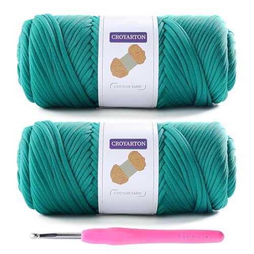 2 Pack T Shirt Yarn for Crocheting with 1 Crochet Hook, Elastic Tshirt Yarn for Crochet Bag/Baskets/Home Decor, Spaghetti Yarn Thick Knitting Yarn Total Length 130 Yds, Weight 14 Oz (Pore Green)