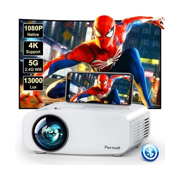 5G WiFi Bluetooth Projector, Pericat Native 1080P Movie Projector for Phone, Portable Outdoor Projector, 13000L Home Theater Video Projector, Mini Projector Compatible w/ PC, HDMI, USB, TV Stick, PS5