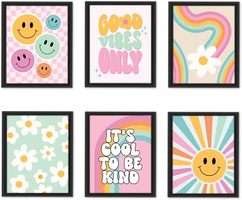 Image of Hadley Designs 6 Retro Girls Room Wall Art - Groovy Girls Room Decor for Bedroom, Aesthetic Nursery or Teen Bedroom Art, Unframed Cute Retro Posters for Kids' Space, Made in USA