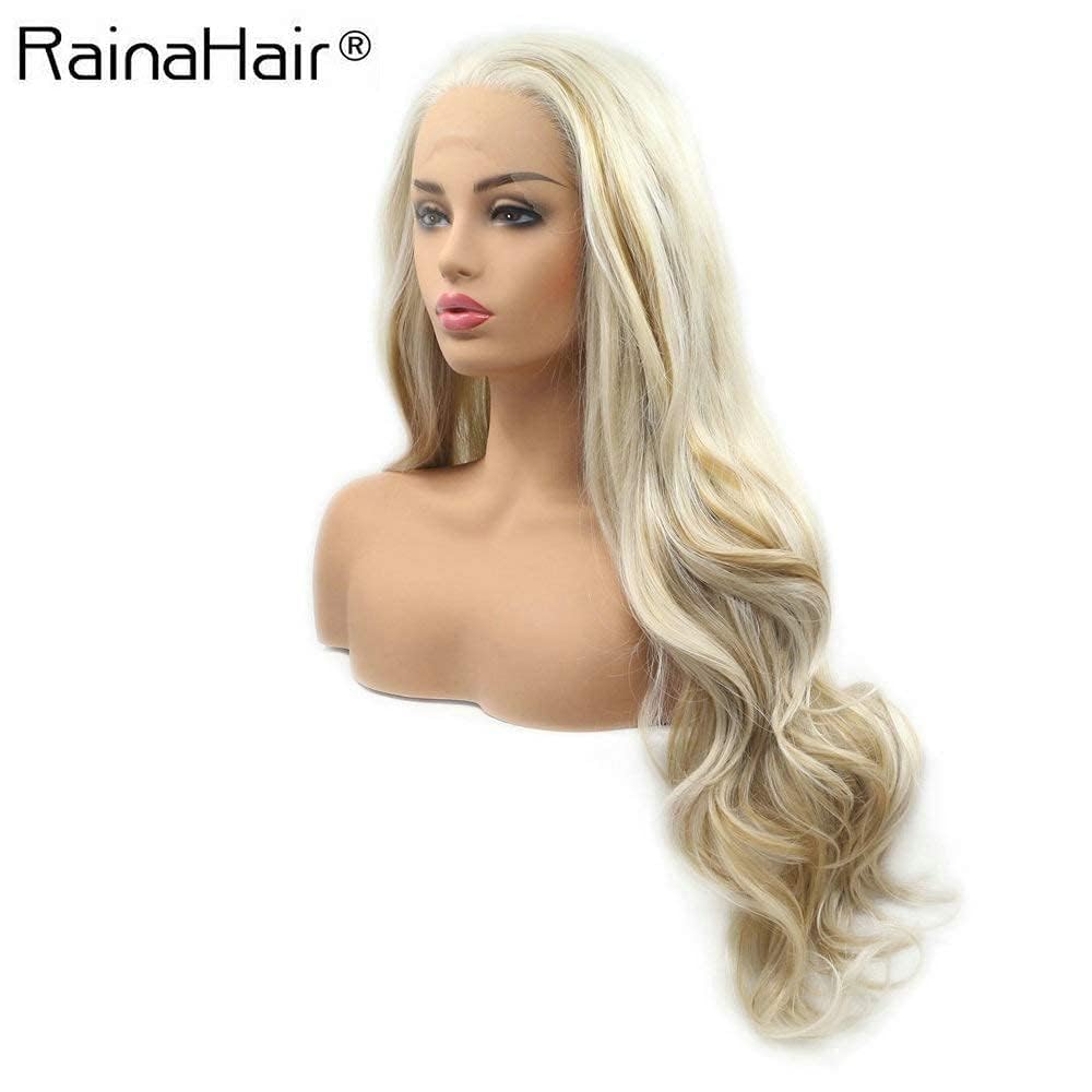 Body Wave Synthetic lace front wigs 613#Blonde Highlights Golden Glueless Natural Looking Mixed Blonde Color Hair for Women Cosplay Party 26''