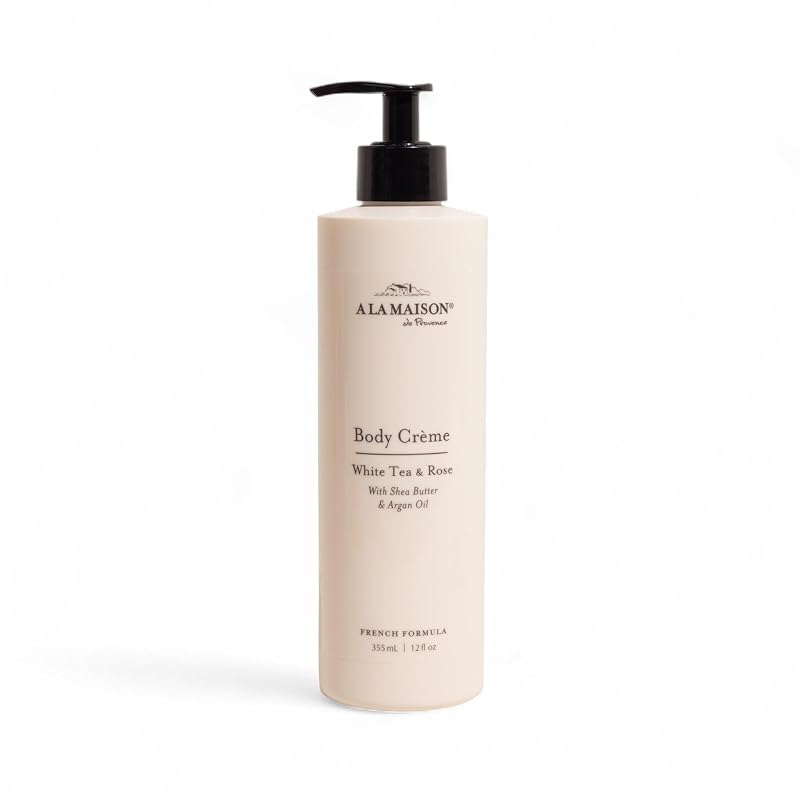 A LA MAISON Body Crème – Shea Butter Body Lotion with Argan & Avocado Oils – Rich, Nourishing French Formula for Dry Skin – 12 oz – Amber Collection (White Tea & Rose)