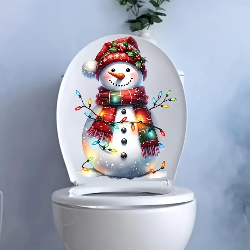 Merry Christmas Snowman Lights Toilet Cover Sticker Decals, Tortoise Seaseed Fish Ocean Waterproof Toilet Lid Tank Seat Decals Cistern Self-Adhesive Bathroom Wall Sticker
