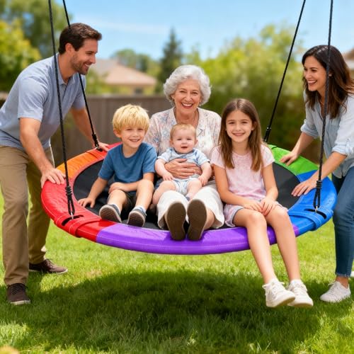 Image of Trekassy 60 inch Large Saucer Tree Swing for Kids Adults 900D Oxford Waterproof with 2pcs Hanging Straps-Rainbow