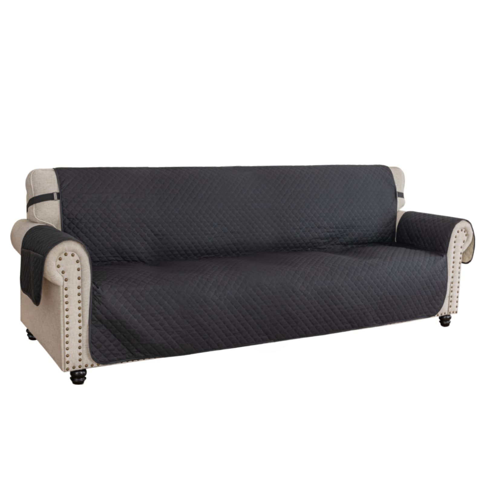 XINEAGE Quilted Sofa Covers 4 Seater, Water Resistant Sofa Slipcovers with Pockets, Extra Large Couch Covers for Dogs Pets, Reversible Sofa Protector with Elastic Strap Washable (XL-Sofa, Black)