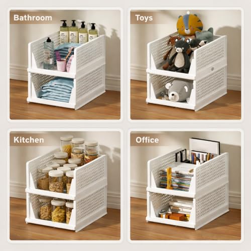 Image of URBAN LUXY Foldable Plastic Rack for Storage /Kitchen Cupboard /Sturdy Wardrobe for Clothes /Multipurpose Storage Organizer /Closet for Bedroom /Living Room /Laundry (FOLDABLE STACKABLE BASKET-WHITE, 2PCS)