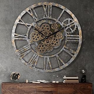 Lafocuse Wanduhr Groß mit Beweglichen Zahnrädern, Shabby Chic Holz, Industrial Steampunk XXL Vintage Retro Romische Zahlen 57 cm für Küche Wohnzimmer Bar
