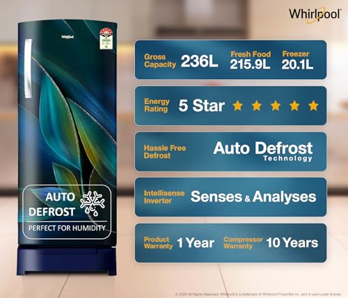 Image of Whirlpool 236 L 5 Star Frost Free Inverter Direct-Cool Single Door Refrigerator (Auto Defrost, 260 IMPRO PLUS ROY 5S INV BLUE BREEZE-Y, Blue)