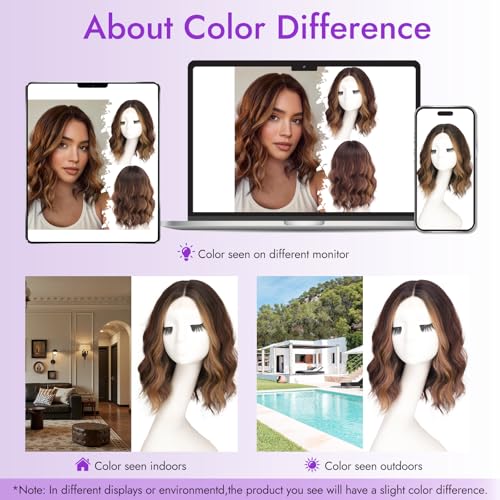 Brown with Caramel Highlights Short Wavy Wig for Women Lace Hairline Bob Style Synthetic Heat Resistant - Natural Appearance for Everyday Hairstyle 14 Inch - Image 6