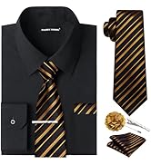 Barry.Wang Solid Colors Mens Dress Shirt and Tie Set Formal Business Wedding Shirts Long Sleeve B...