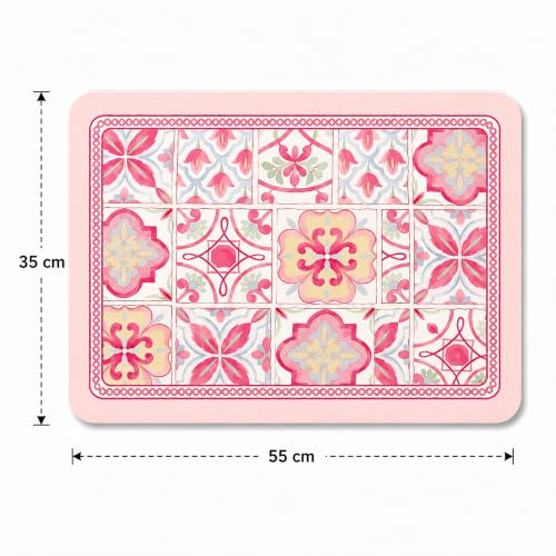 Image of Luxe Home International Dish Dry Mats for Kitchen Counter, Rubber Quick Dry Mat for Kitchen Utensils, Moroccan Tile Pattern Smooth Absorbent Placemat, 35x55 cm, Pink, Pack of 1