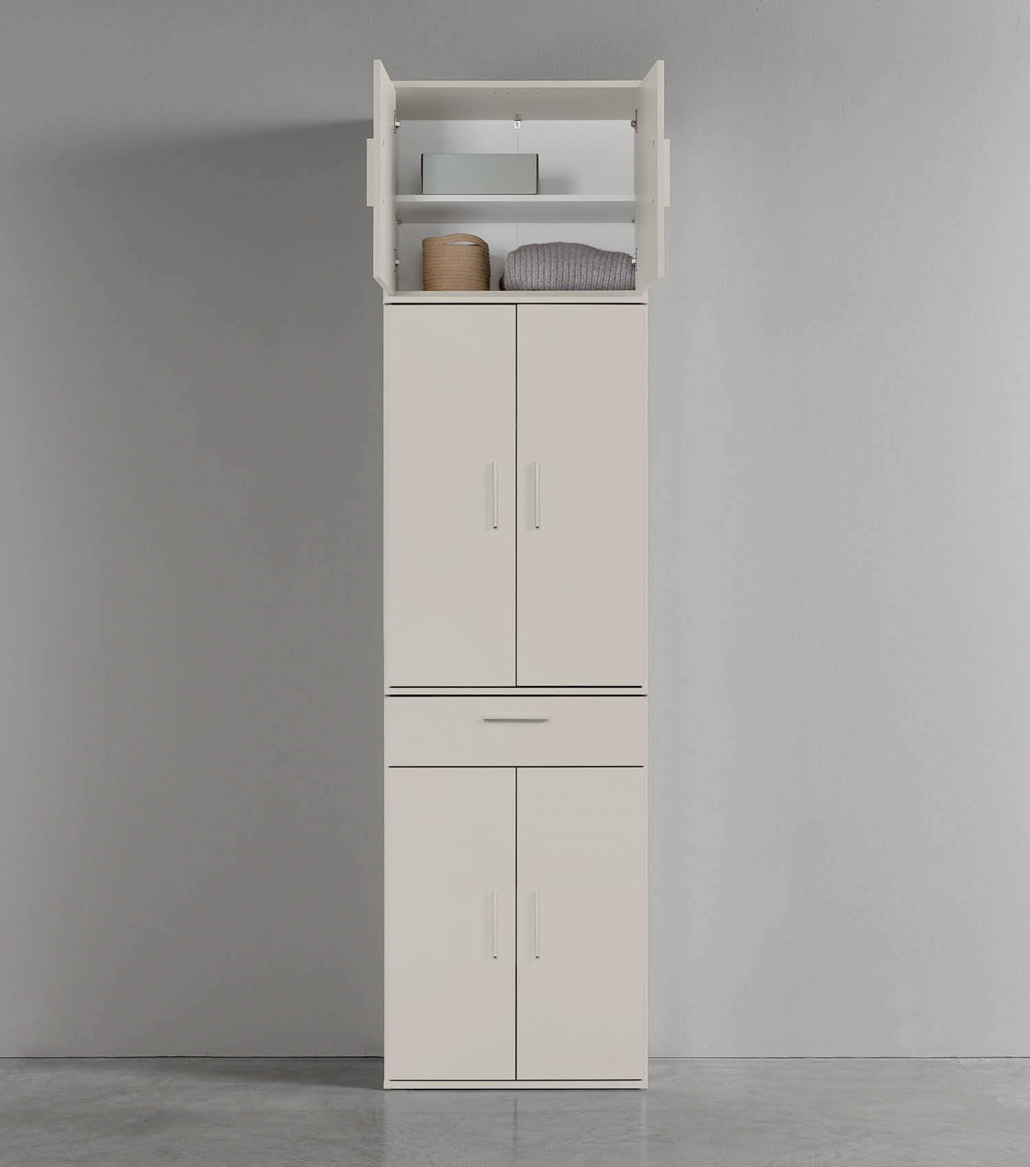 mokebo Mehrzweckschrank Büroschrank Kaschmir (230x60 cm) 'Der Extralange' Made in Germany aus Holz extra hoch mit 48 Türen Aktenschrank Schuhschrank Grau Beige