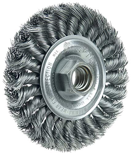 Image of Weiler 13120V 4 inch Standard Twist Knot Wire Wheel, .020 inch Steel Fill, 5 /8 inch-11 UNC Nut, Vending Ready, Made in the USA, (Pack of 5)