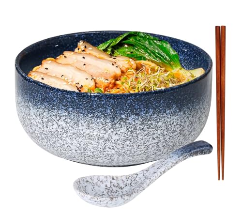 ZPPLD Tazón Cerámica Ramen,Cuenco Japonés Cerámica Ramen,Ensaladera Cerámican,Ramen Bowl con cuchara Palillos,Tazones sopa Porcelana,Apto para Lavavajillas y Microondas (azul)
