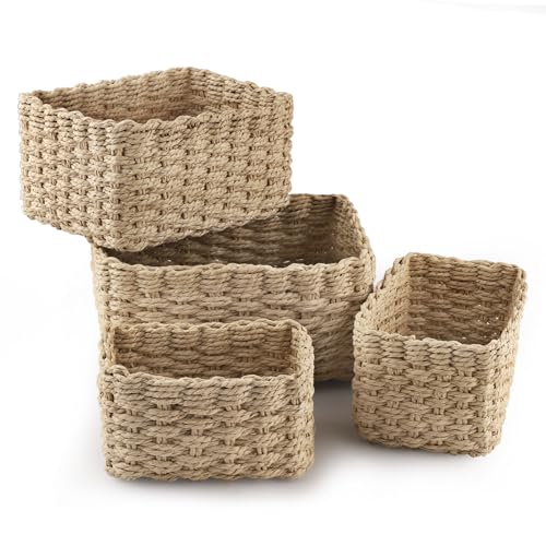 Cesto de Almacenaje de Mimbre, Revivoer Set de 4 Rectangulares Cestas de Almacenamiento de Mimbre, Organizadoras de Espacio y Almacenamiento Prácticas para Ser Utilizadas en La Cocina, Baño (Natural)