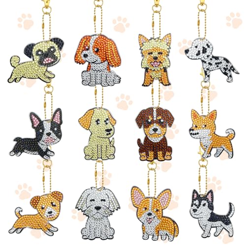 Jodsen 12 Pcs 5D DIY Diamond Painting Keychains Dog Double Sided Mosaic Decoration Diamonds Art Keyrings Kids Dog Animal Crystal Art Diamond Painting Keyrings Kits for Kids Adult Beginners