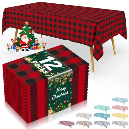 Smiry 12 Packs Gingham Disposable Table Cloth, 54 x 108 Inch Waterproof Plastic Tablecloth, Rectangle Black and Red Checkered Table Covers for Picnic, Birthday, Party