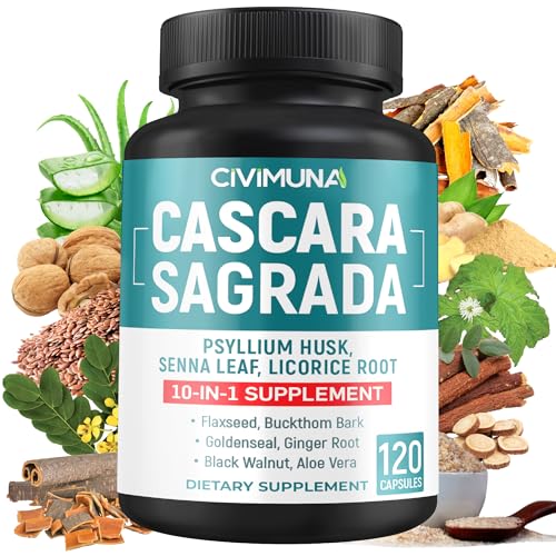 CIVIMUNA Cascara Sagrada Bark Extract Capsules with Cascara Sagrada Bark, Senna Leaf, Psyllium Husk Powder and More -120 Capsules for 4 Months Supply