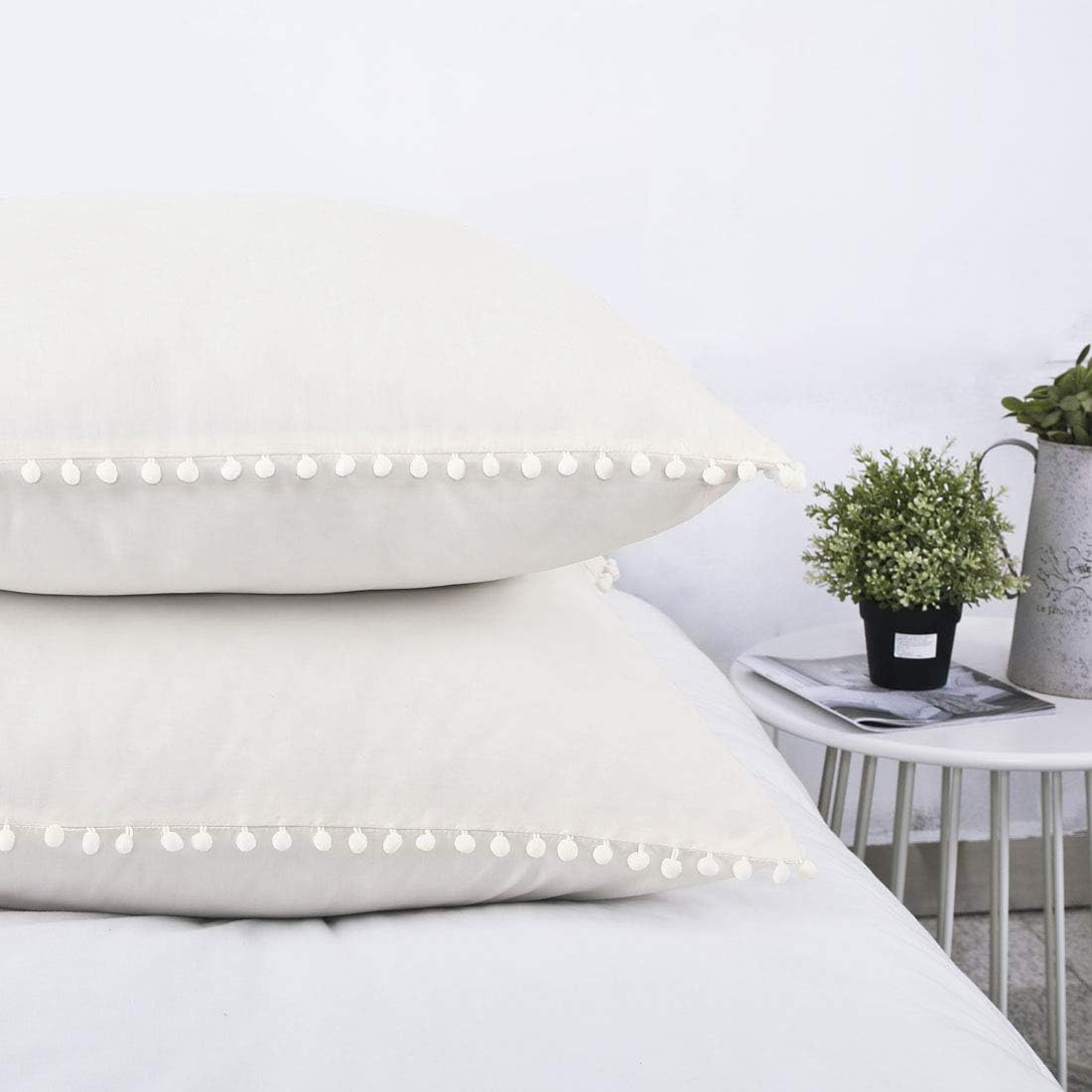 YINFUNG Off White Euro Sham Pom Pom Ivory 26×26 Large Pillow Covers Set of 2 Fringe European Shams Cream Beige Boho Chic Square Decorative Cute Ball Tassel Trimmed 100% Cotton Cute