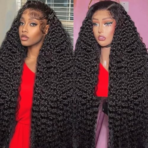 UDJLH 34 Inch 13x6 Deep Wave Lace Front Wigs Human Hair 180% Density-HD Transparent Deep Wave Lace Frontal Wigs Human Hair Pre Plucked with Baby Hair Natural Color