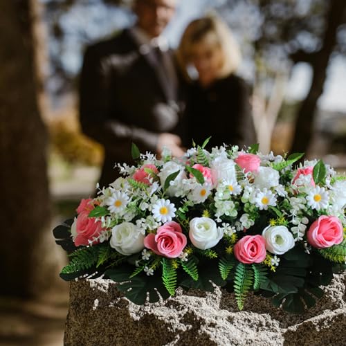Cemetery Flowers - Outdoor Grave Decorations Cemetery Headstone Saddle Flower Arrangement in Rose Collection Grave Marker Decoration Sympathic Flowers (White Rose+Pink Rose) image 2