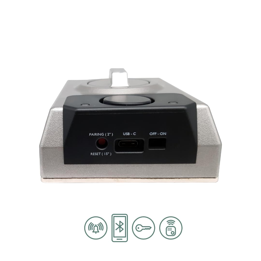 Lince SMARt7930 Cerradura inteligente para puerta – Cerrajo con alarma de 100 dB, control por aplicación, control remoto y llave reversible de alta seguridad – Recargable por USB-C – Color Plata | Aplicación móvil, control remoto, apertura mecánica con ll