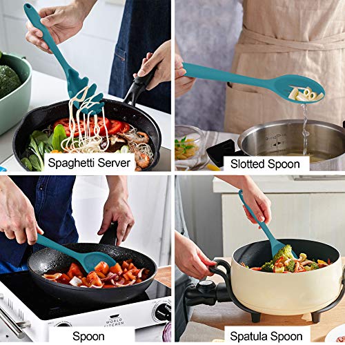 Image of LIANYU 12-Piece Silicone Kitchen Cooking Utensils Set with Holder, Kitchen Tools Include Slotted Spatula Spoon Turner Ladle Tong Whisk, Dishwasher Safe, Dark Blue