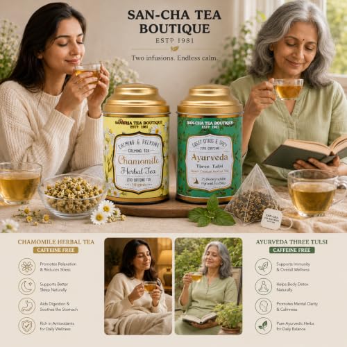 Image of Sancha Tea Boutique, Tea Combo Pack: Chamomile Herbal Tisane (50g) & Tulsi Herbal Tisane (25 Pyramid Bags), Ayurveda Blends, Caffeine Free Tisanes