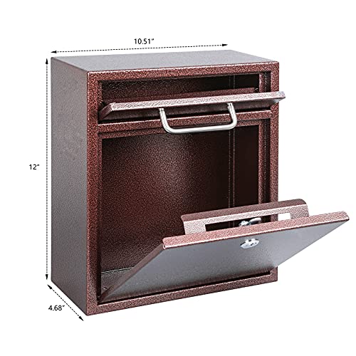 Kyodoled Steel Key Lock Mail Boxes Outdoor,Locking Wall Mount Mailbox,Security Key Drop Box,12Hx 10.51Lx 4.68W Inches,Bronze Large #TOP2