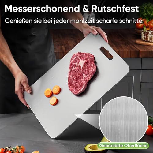 BOYUNSHI 3 Stück Titan Schneidebrett, Edelstahl Titanium Cutting Board Doppelseitiges Lebensmittel Grade Schneidebrett für Fleisch, Brot… – Ansicht 3