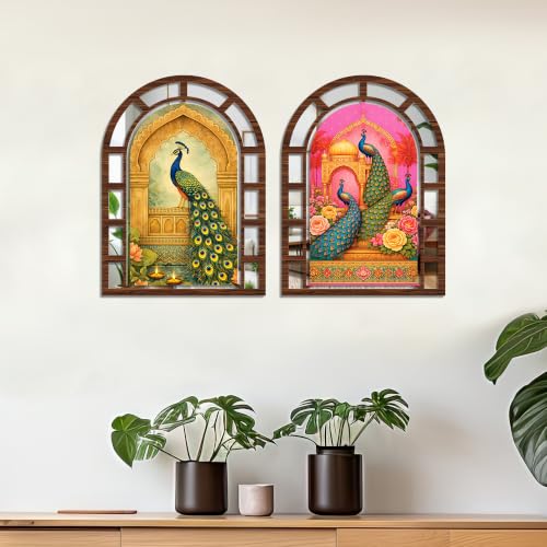 Image of Artvibes Traditional Arch Peacock Theme Decorative Wall Hanging | Jharokha Mirror for Living Room, Bedroom, Hall, Foyer, Dining Room, Office & Entrance | Gift (WHJ 12037N), Set of 2