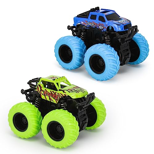 VoMii 2 Stück Spielzeugautos, Monster Truck für Kinder ab 3-10 Jahre, Große Gummiräder 4x4 Power Trägheitsbetriebene Fahrzeuge, 360° Stunt-Rotation, Rennwagen Spielsets für Kinder, 1:60 Scale