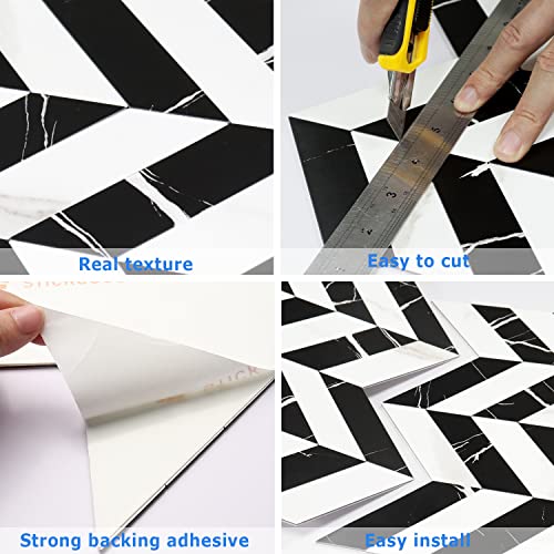 Stickgoo 10-Sheet Herringbone Tile Peel And Stick Backsplash, Black Marquina & Marble Statuario Pvc Stick On Backsplash, Self Adhesive Wall Tile For Kitchen And Bathroom #TOP4